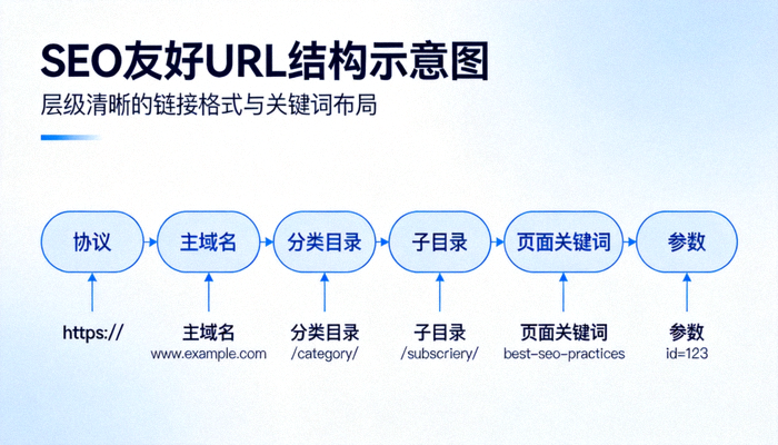 SEO友好URL结构示意图，展示层级清晰的链接格式与关键词布局